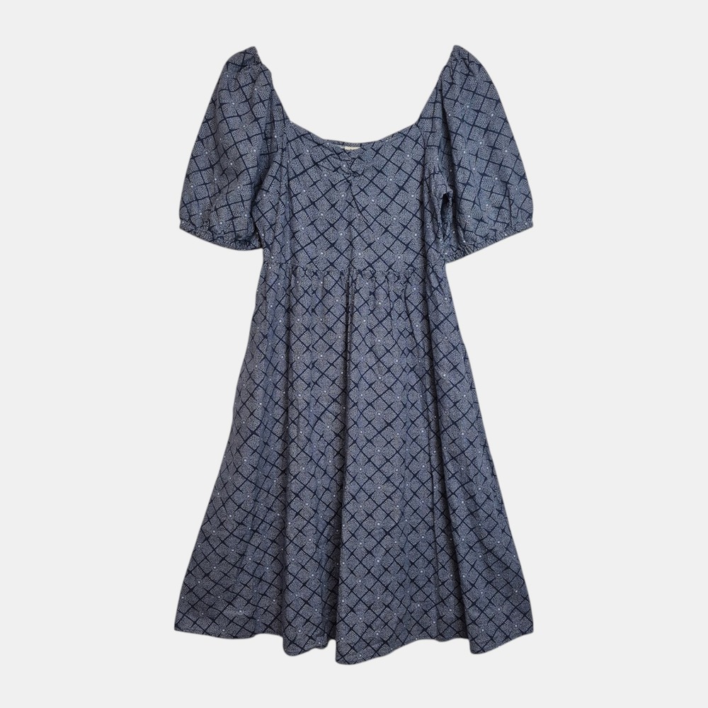A.N.A A New Approach Blue Geometric Linen Blend Puff Sleeve Midi Dress Petite M